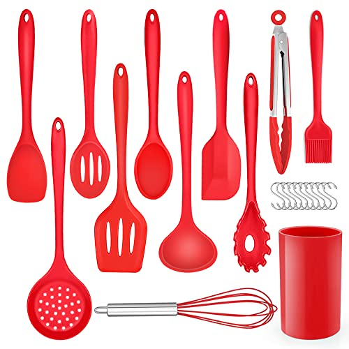 Herogo Set di utensili da cucina, 22 pezzi, in silicone, con porta utensili, resistenti al calore, utensili da cucina, sani e antiaderenti, lavabili in lavastoviglie, colore: rosso