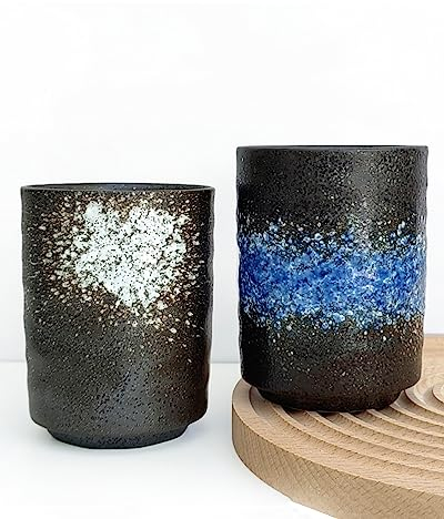 WEOPYCJ Juego de 2 tazas de té japonesas de porcelana sin asa, taza de té modelo asiático para matcha, té verde, capuchino, sake (9 onzas, negro)
