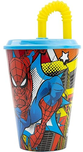 CARTOON Bicchiere con cannuccia per bambini Spiderman bicchiere in plastica riutilizzabile semirigida BPA Free capacità 430 ml