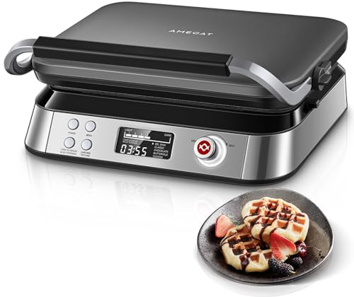 AMEGAT Waffeleisen 1600W, Waffeleisen Belgische Waffel Doppelt, 5 Programme & 7 Bräunungsstufen, Digitales Display, Countdown Timer, Textureinstellung, Verbrühschutzgehäuse, Extra Dicke Waffel