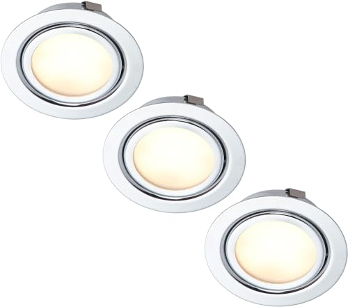 HCFEI LED Slim Möbel Einbaustrahler | Chrom glänzend | 230V 3W | Neutralweiß 4000K | Bohrloch: 55-60mm - Außendurchmesser: 73mm - Einbautiefe: 25mm | 15cm Anschlusskabel (3er Set)