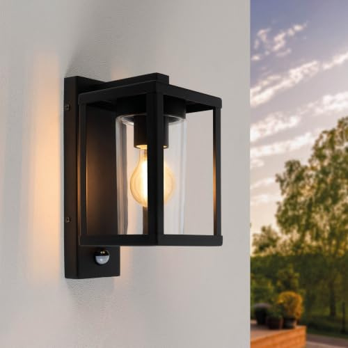 Ledvion Wall Light with Sensor Black E27 Fitting Bulb not Included IP44 | Automatic lighting around entrances, façades, garages and garden paths