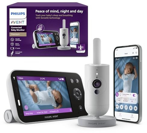 Philips Avent Premium Connected Baby Monitor, Smart Baby Monitor with App, 1080p Camera, SenseIQ Sleep & Breathing Motion Tracking, Cry Detection & Translation, Two-Way Audio, Night Vision, SCD973/37