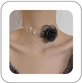 Inilbran Collier De Perles De Fleurs Noires Boho Collier Ras De Cou En Dentelle Vintage Collier De Camélia Collier De Perles Noires Collier De Perles Réglable Collier De Perles En Dentelle Rose