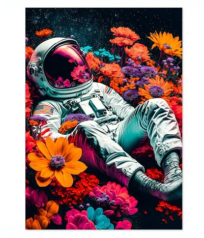 Astronaut Flowers Space Poster, Colourful Abstract Astronomy Wall Art Home Decor, Astronaut Planets Print, Archival Matte, A5 (Print Only) - 21x14.8cm
