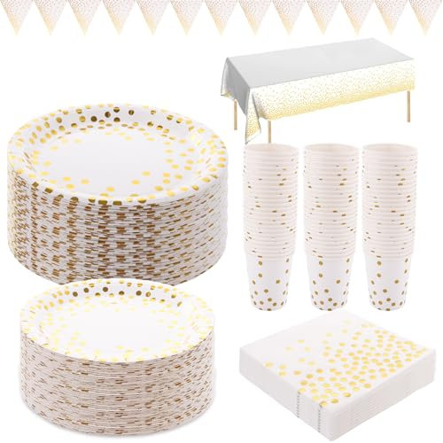 YOUNTHYE 202Pcs White and Gold Party Supplies, 7inch +9 inch Paper Plates, Napkins, Cups, Table Cloth, Banners, Birthday Party Plates Golden Dot Party Tableware Set