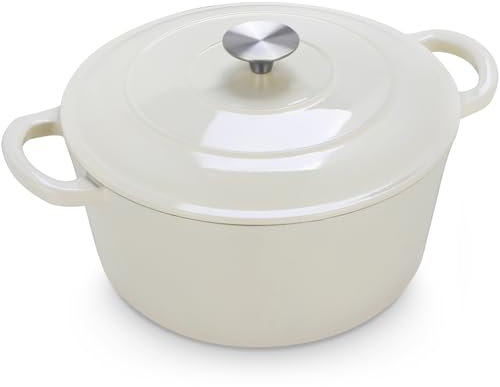 LIFERUN 6 Qt Enameled Cast Iron Dutch Oven Pot with Lid，Oven Safe up to 500° F, Non-Stick Dutch Oven with Dual Handles for Bread Baking, Braising, Stews, Roasting (White)