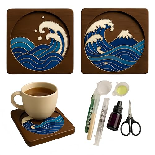 Cloisonne Enamel Art DIY Craft Kit, Filigree Enamel Art Project Craft Supplies Great Wave Coaster Epoxy Resin Making Kit, Paint by Numbers Kit for Handmade Home Decor Mother’S Day Stress Relief Gift