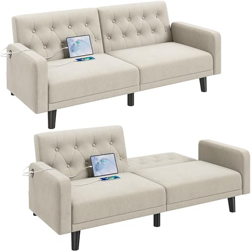 Yaheetech 63 Convertible Couch Small Futon Sofa Bed with 2 USB Ports, Reclining Backrest & Removable Armrests, Mid Century Modern Loveseat for Living Room, Apartment, Office, Beige
