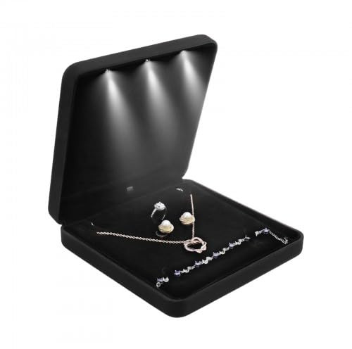 Shengxi Conjunto Joyas Terciopelo, Expositor para Collares con Luz LED Set de Joyería Caja Almacenamiento Joyas Caja de Regalo Terciopelo con LED para Mujeres Collar de Joyas Pendientes (Negro)