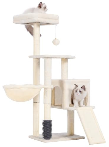 Heybly Kratzbaum mit Katzenbürste, Katzenbaum für Hauskatzen mit Gepolsterter Sitzstange aus Plüsch, Katzenkratzbaum mit Korb, Kratzbrett und Kratzbaum, Beige HCT005SM