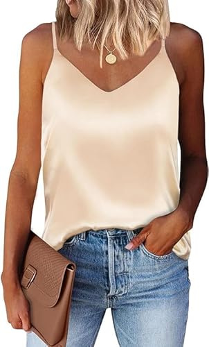 Vossmi Canottiere da Donna in Raso Casual Canotta Estiva di Base Scollo a V Senza Maniche Camicette Canotta Canottiera Spalline Tank Top(Champagne,S)