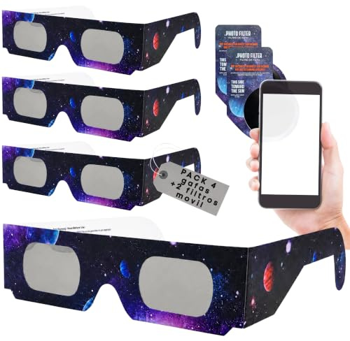 Genérico HOMANAGE Pack gafas eclipse solar homologadas y filtro movil iso 12312-2 CE | Visión Segura del Sol y Tránsitos. Gafas de eclipse solar total 12 de Agosto 2026, Europa, España, Portugal (4)