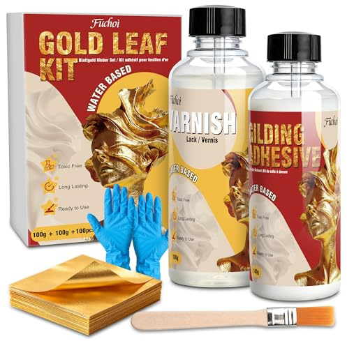 Gold Leaf Kit, 100 Pcs Gold Foil Sheets, 100ml Water Based Gilding Leaf Glue Adhesive & 100ml Varnish, Non-Toxic Metal Leaf Set for Art Craft Painting Home Furniture Decoration