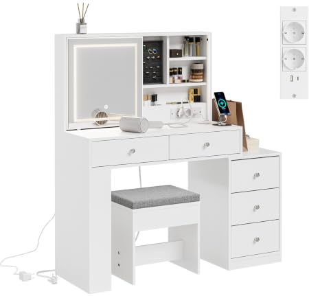 SoBuy sminkbord med LED-belysning, laddningsstation och pall, 120×40×127 cm | Kosmetikbord med skjutbar spegel, 3 justerbara ljusfärger, 5 lådor och öppna hyllor, lastkapacitet 168 kg, FWT114-E-W