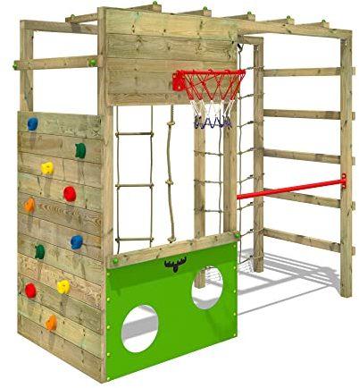 Fatmoose Klettergerüst Spielturm CleverClimber Club XXL, Outdoor Kinder Kletterturm mit Reckstange, Kletternetz, Basketballkorb, Kletterseil & Kletterwand für den Garten - apfelgrün