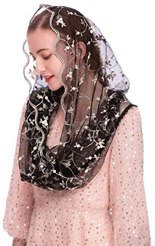 PAMOR Chapel Veils Mantilla Infinity Veil Latin Mass Little Flower Soft Embroidered Lace Head Covering Scarf (Black)