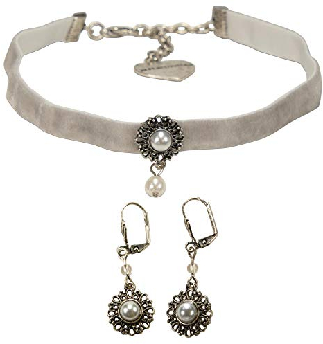 Alpenflüstern Trachtenschmuck-Set Trachten-Samt-Kropfband und Ohrhänger Helena - Damen-Trachten-Schmuck, Trachtenset Trachtenkette und Trachten-Ohrringe grau SET050