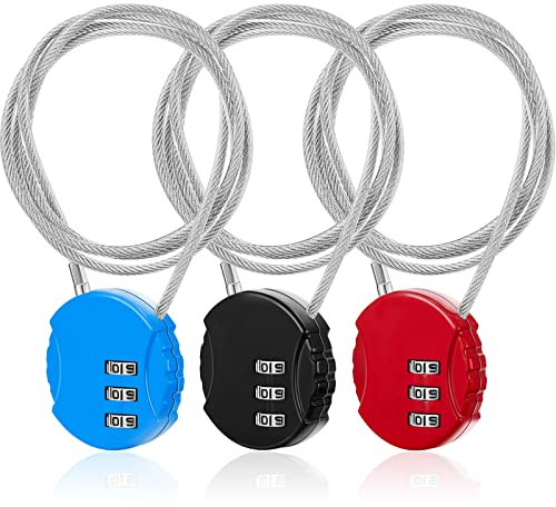 3 Pieces Cable Luggage Locks 3 Digit Combination Locks Combo Locks Wire Stroller Locks TSA Approved Padlocks for Travel Bike Backpack Cabinet, 30 Inch Wirerope (Black,Blue,Red)