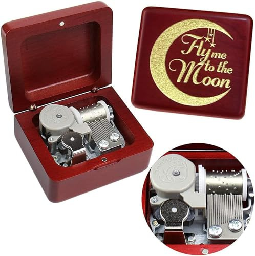 Sinzyo Music Box Vintage Wood Carved Mechanism Musical Boxs Gift For Birthday Valentine's Day Christmas Day(FLY Me To The Moon -Wine Red Box)