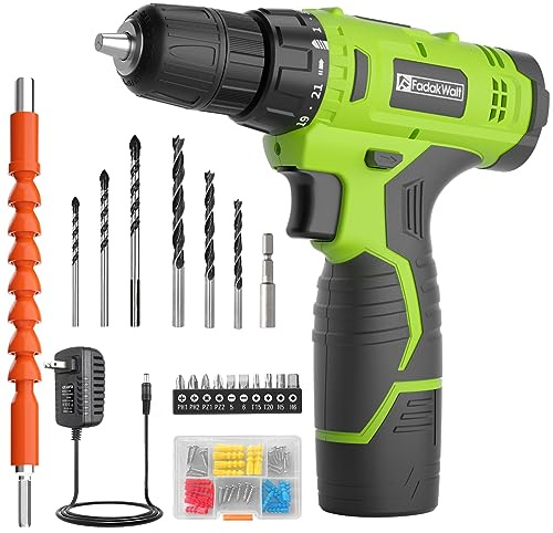 FADAKWALT Cordless Drill Set,12V Power Drill Set with Battery and Charger, Electric Driver/Drill Bits, 3/8'' Keyless Chuck,21+1 Torque Setting, 180 inch-lbs, with LED Electric Drill Set (Green)