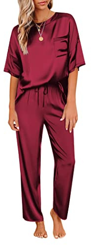 Ekouaer Women's Sleepwear Soft Short Sleeve Pyjama Satin Set Short Sleeve Shirt with Long Pajama Pant Pajamas for Women uk, Wine Red, XXL