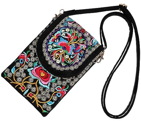 VALICLUD Borsa a Tracolla Donna Piccola in Tela Ricamata Con Zip Sicura Leggera E Portatile Per Cellulare Trucco E Accessori Stile Etnico Unico Per Natale Matrimonio Festa