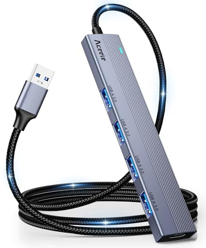 Aceele USB 3.0-hubb med 120 cm lång kabel i nylon, USB-splitter i aluminium med 4 portar på 5 Gbps, flera portförlängare för bärbar dator, stationär dator, MacBook, flashenhet, Xbox, PS5 och mer