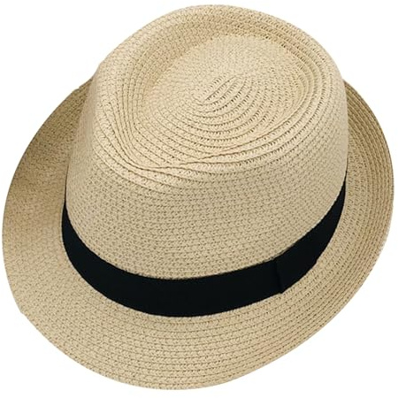 YJZQ Chapeau de Soleil Panama Enfant Pliable Anti-UV - Chapeau de Paille Beige pour Été, Plage, Garçon/Fille, Taille 52-53cm