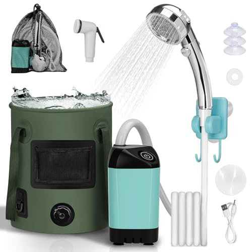 Thallike Tragbare Campingdusche, Camping Dusche mit mit Pumpe und Temperaturanzeige, Camping Dusche Outdoor Set mit Duschkopf und 2M Schlauch für Garten, Autowaschen, Strand, Reisen, Haustier