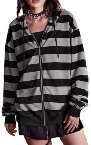 Chvity Sudadera con capucha y cremallera para mujer, de manga larga, a rayas, de gran tamaño, 90S, Y2K, con cordón, chaqueta grunge