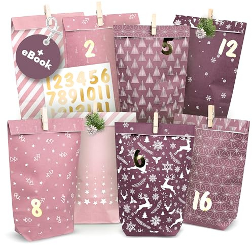 AMARI Calendario de Adviento para rellenar, 24 bolsas de Adviento de papel (con pinzas de madera) para manualidades para Navidad, bolsas de papel de Navidad con adhesivo numérico