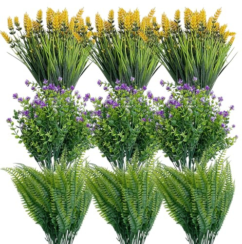 Kingrun 18 Paquetes Flores Artificiales Exterior y Interior, Flor Falsas Resistentes UV Plantas Artificiales Decoracion Flores de Plastico para Cesta Colgante, Jarron, Jardín, Ventana