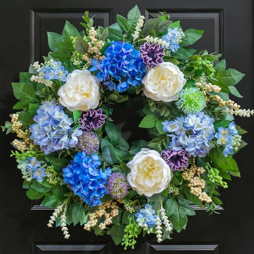 Pinkpuii 26 Inch Spring Wreaths for Front Door Outside– Large Artificial Summer Wreath with Blue Hydrangea, White Peony Flowers and Eucalyptus Leaves– Indoor Outdoor Porch Farmhouse Home Wall Décor