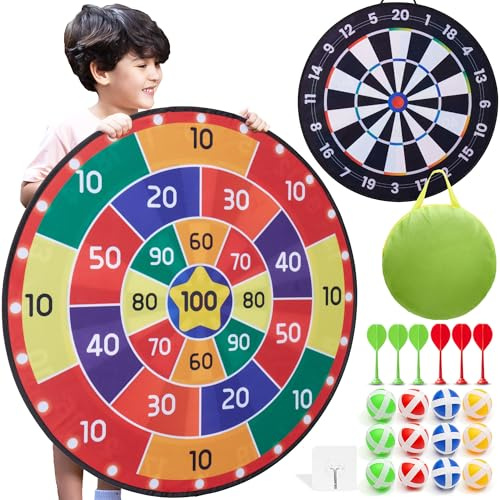 Cheerful Children Toys Jumbo Kids Dart Board Set XL or XXL, Large Dart Board with Reversible Designs, 16 Sticky Balls & 6 Darts - Indoor & Outdoor Garden Games for Ages 3-8 (Traditional, 100cm)