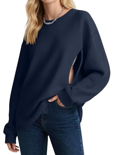 Oakgarden Women's Zipper Nursing Sweatshirts, Oversized Casual Waffle Knit Breastfeeding Pullover Tops Pregnancy Mama Clothes(Navy,Large)