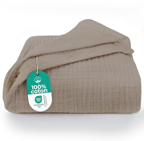 Dreamzie Couverture en Mousseline 150x200 cm - Couverture Coton légère été et Respirante pour lit et canapé - Plaid Gaze de Coton Oeko-Tex – Taupe