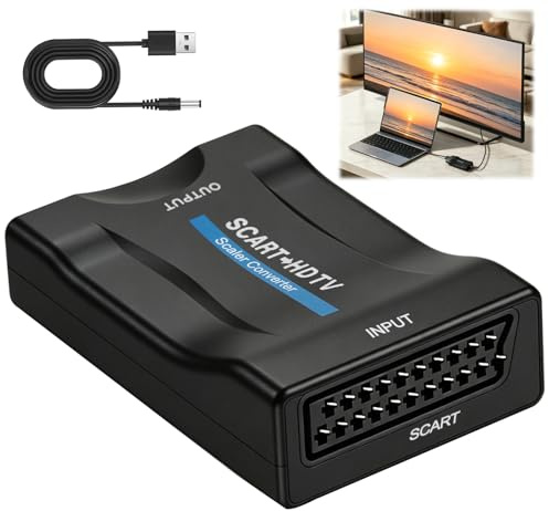 SCART a HDMI Convertidor 1080P/720P con Cable USB, Soporta Resolución 720P/1080P,Adaptador Euroconector a SCART to HDMI para TV HDTV Monitor Proyector, Conversor Compatible con DVD VHS Consolas