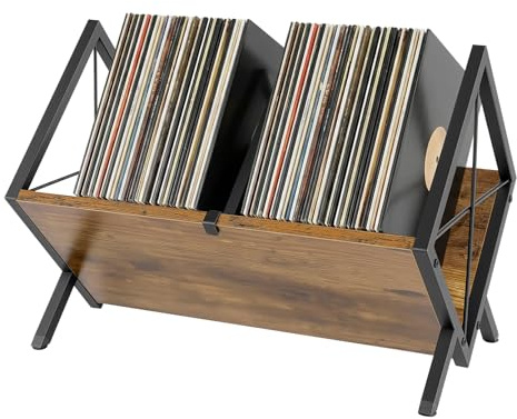 1 Tier Vinyl Record Storage Rack, 80 LP Capacity Record Holder with Adjustable Divider, Rustic Brown Particleboard & Iron Vinyl Display Shelf, Multi-Purpose Organizer for Albums, Magazines, Books