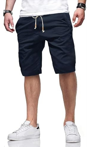 Tansozer Mens Summer Casual Cotton Shorts with Pockets Elasticated Waist Blue L