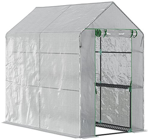 Outsunny Walk In Greenhouse with 2-Tier Shelves, Roll up Zip Panel Door, Garden Polytunnel Steeple Grow House for Outdoor, 6 x 4 x 6ft White