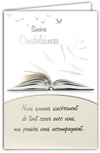64-1049 Carte Sincères Condoléances Nos pensées vous accompagnent Gris Argenté Brillant Livre Page qui se tourne Oiseaux Envol Paix Décès Deuil Fabriqué en France, 64-1049