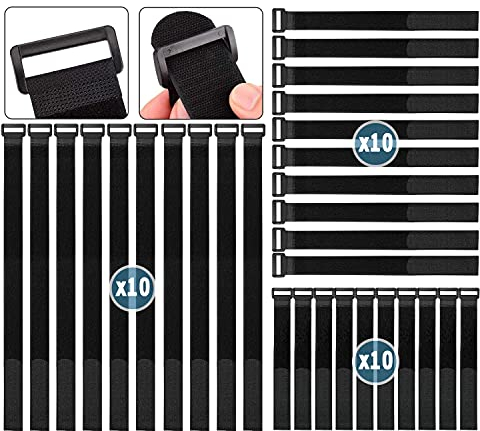 Fruitlet® Correa de Gancho y Lazo con Nylon, Correas Ajustables Velcr 30 Piezas, Negras 40 cm / 25 cm / 15 cm x 2 cm (10 piezas cada una), Bridas Reutilizables Velcr