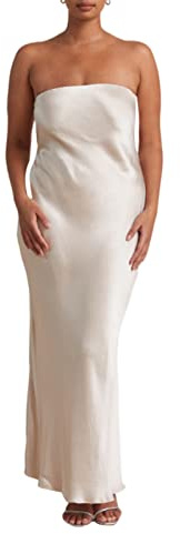 FeMereina Vestido largo sexy sin tirantes de satén de color sólido sin mangas con tubo superior sin mangas vestido de corte bajo Boadycon elegante vestido formal de fiesta de noche, beige, S