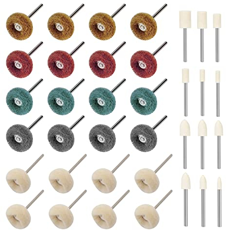 Xinghua 36pcs Wool Felt Scouring Pad Buffing Wheels Set with 3mm Shaft, Dremel Rotary Tools Power Tool Buffing Set, Sanding Dusting and Polishing for Jewelry Glass Metal Wood