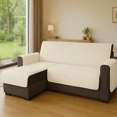 INTRECCI Funda sofá Acolchada para Chaise Longue Derecha y Izquierda Reversible Simple de Color Liso, cubresofá Resistente al Agua y Antimanchas - Crema, 4 Plazas (Asiento 290 cm) + Península