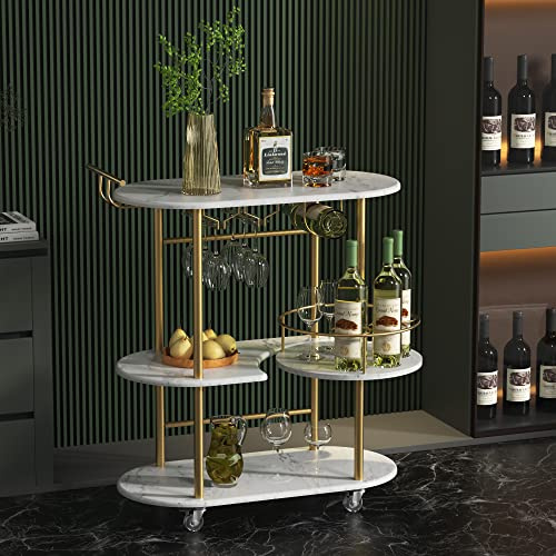 PAUKIN Gold Bar Carts with 4-Tier Storage Shelves, Mobile Bar Serving Cart with Wine Rack and Glass Holder, for The Home, Kitchen, Living Room, Dining Room