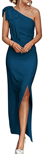 PRETTYGARDEN Women's Summer One Shoulder Long Formal Dresses Sleeveless Ruched Bodycon Cocktail Evening Slit Maxi Dress (Dark Blue,Medium)
