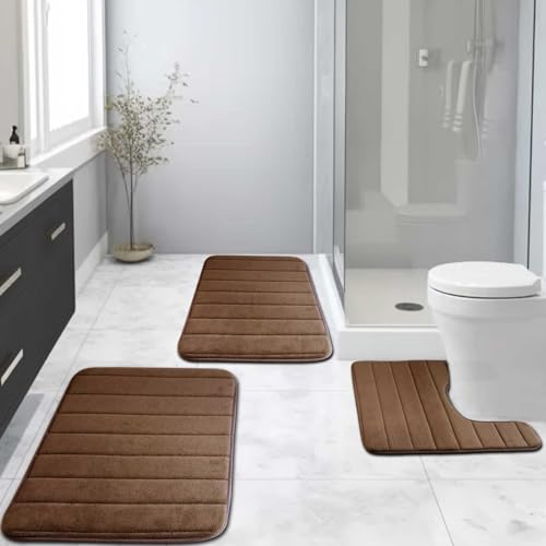 NAKIHOUSE 3 Pieces Memory Foam Bath Mat, Extra Soft Non-Slip, Super Absorbent Coffee Bath Mats for Bathroom Floor, Machine-Washable Dry Bath Rug Foot Mat (40 * 60 + U50*50 + 50 * 80cm)