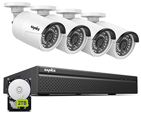 SANNCE Set di telecamere di sorveglianza PoE da 8 MP, 8 CH NVR per esterni, con disco rigido da 2 TB, 4 X 8 MP, Bullet PoE IP Camera esterna, impermeabile, visione notturna IR con registrazione